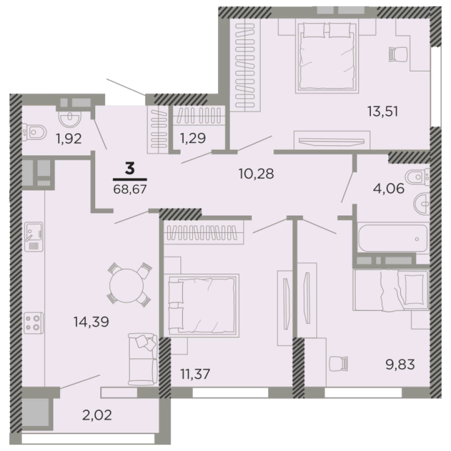 Купить 3 х квартиру в Рязани на ул. 8 марта, 68,67 кв. м. 3 этаж, секция 1Г